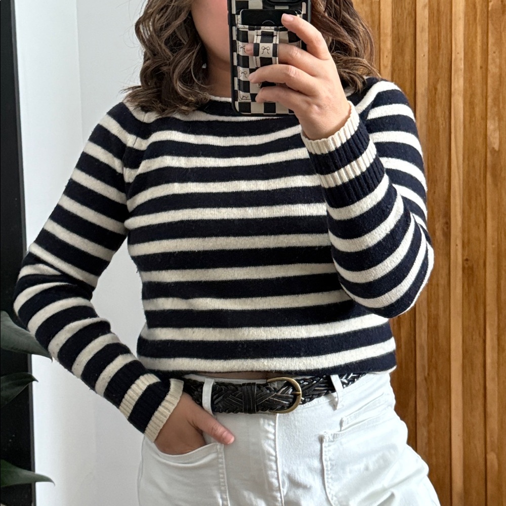 J. Crew Blue and White Striped 100% Wool Sweater